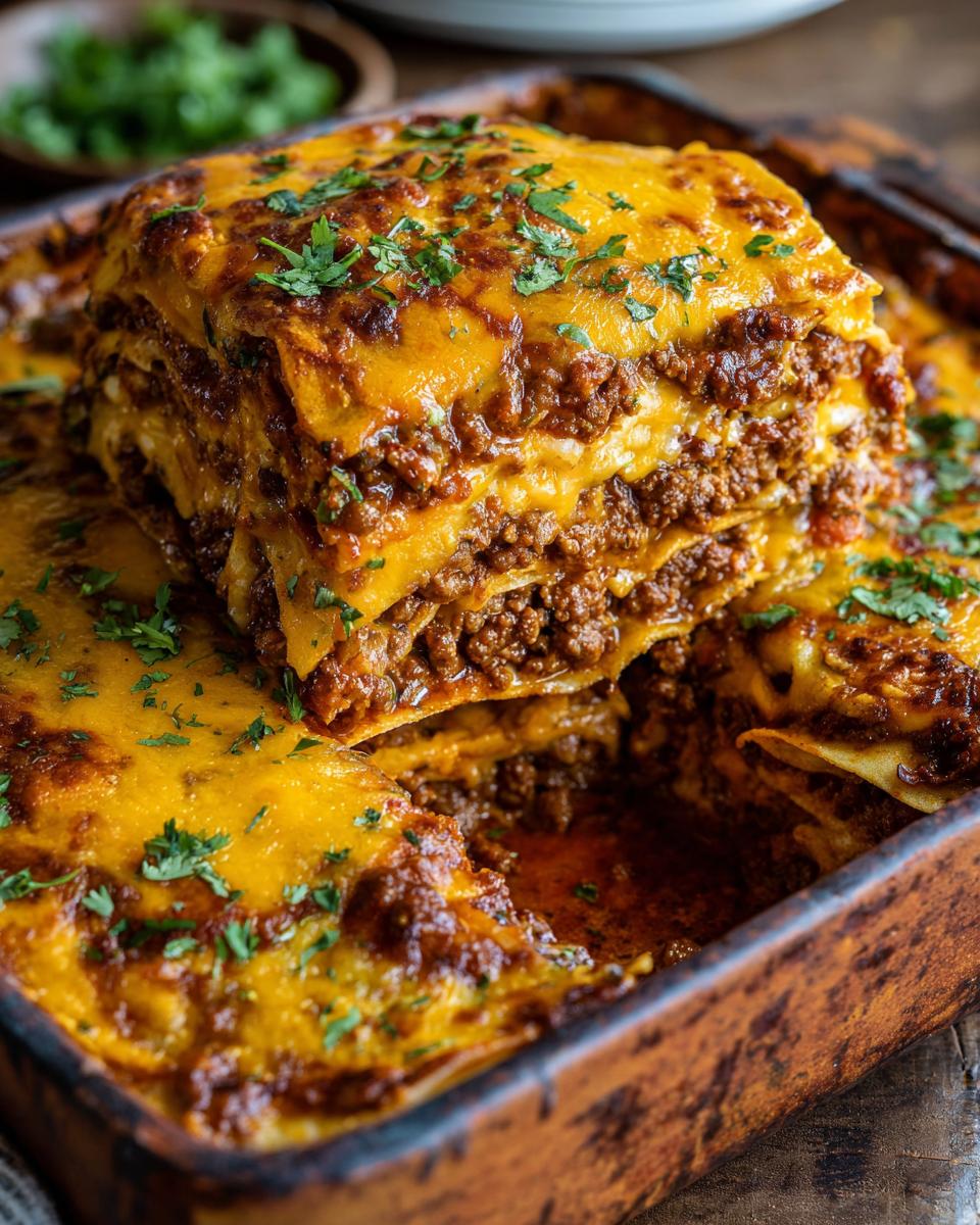 A close-up of a hearty slice of beef taco casserole, layered with seasoned ground beef and melted cheese, garnished with fresh parsley.