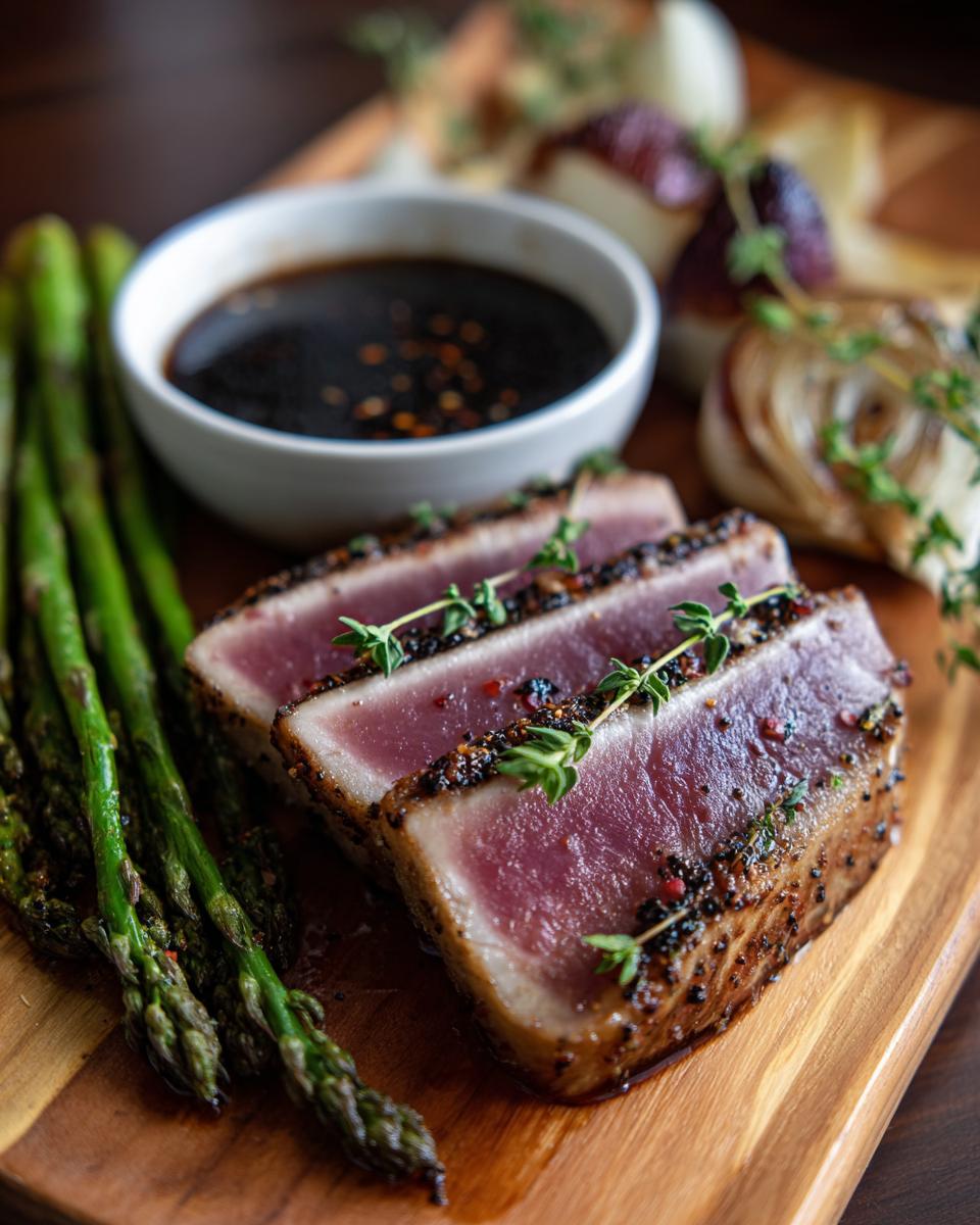 Close-up of perfectly seared Blackened Tuna Steak slices served with asparagus and a side of dipping sauce.