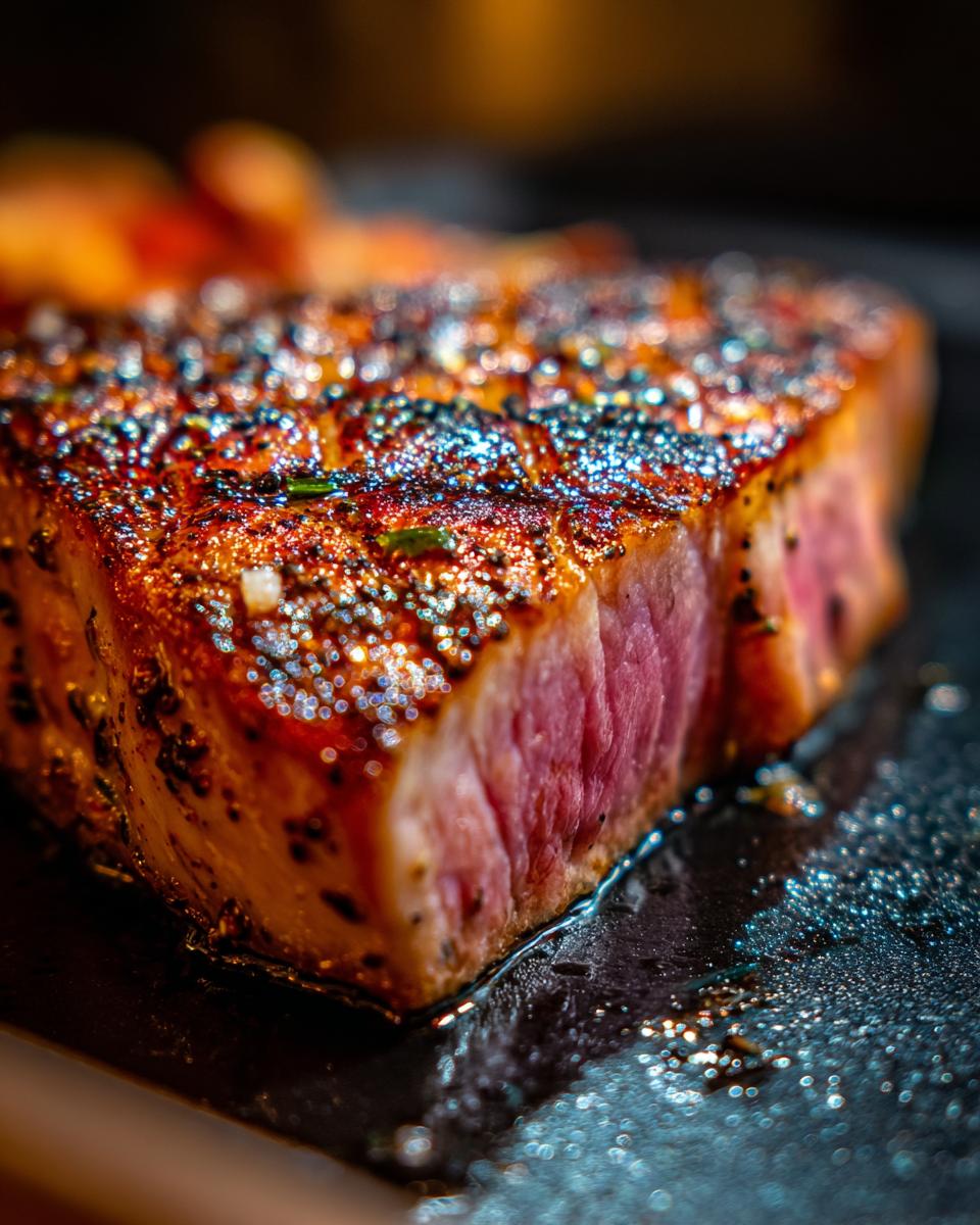 Close-up of a perfectly cooked Blackened Tuna Steak with a dark, seasoned crust and pink, juicy interior.
