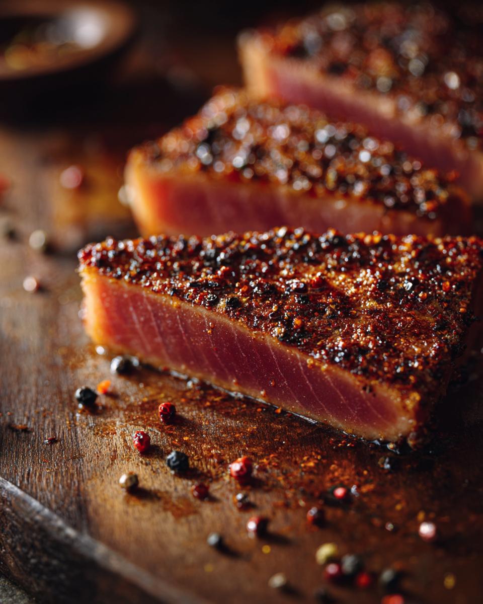Close-up of a perfectly cooked Blackened Tuna Steak with a dark, spicy crust and vibrant pink interior, on a wooden board with scattered peppercorns.