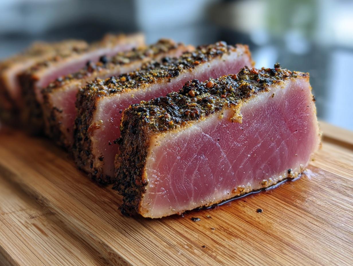 Close-up of sliced Blackened Tuna Steak, showcasing the pink interior and seasoned crust, on a wooden cutting board.
