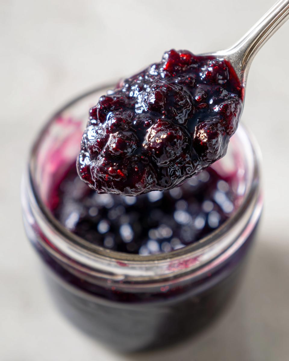 A spoonful of glistening homemade blueberry jam, showing whole berries and thick jam, over a jar of blueberry jam.