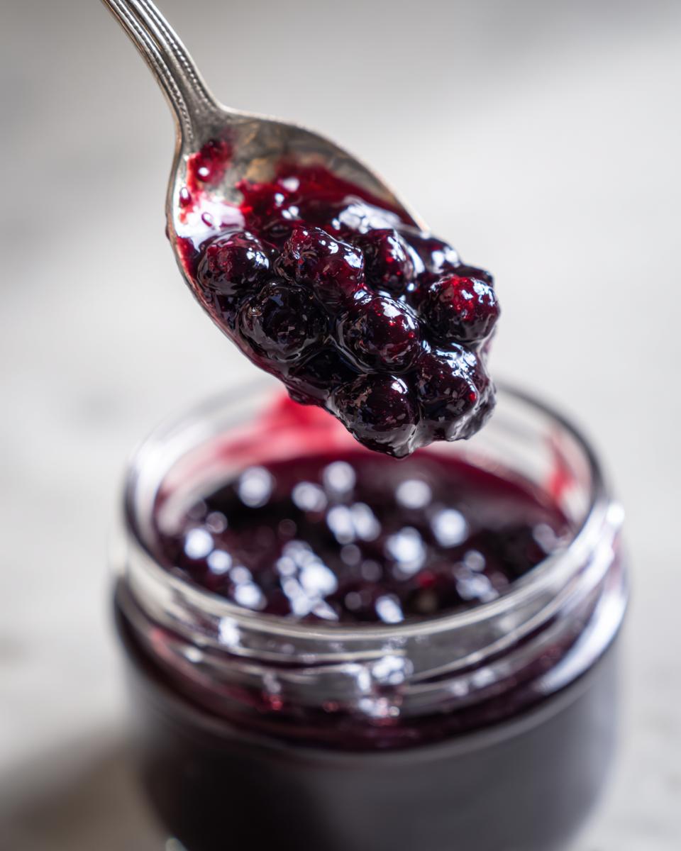 A close-up shot of a spoon filled with glistening blueberry jam, hovering over an open jar of blueberry jam.