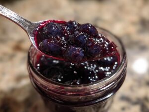 A close-up shot of a spoon filled with glistening homemade blueberry jam, held over a jar of the same jam.