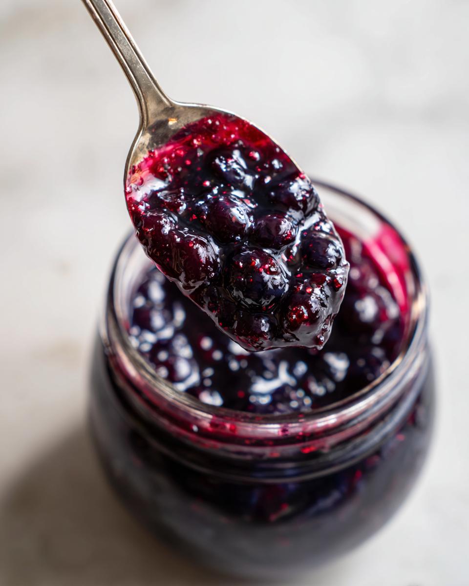 A spoonful of glistening homemade blueberry jam, showing whole berries and thick texture, over a jar of blueberry jam.