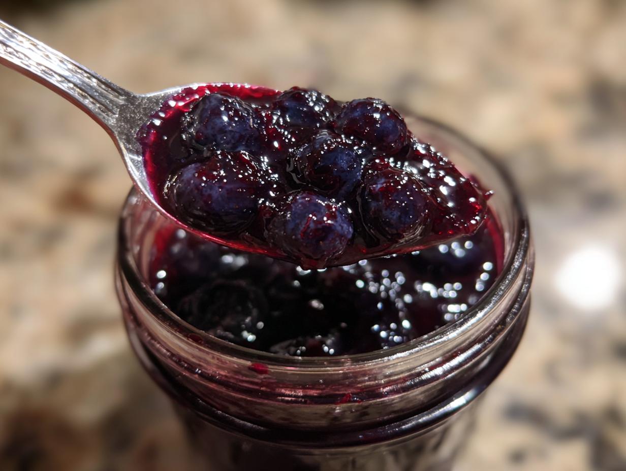 A close-up shot of a spoon filled with glistening homemade blueberry jam, held over a jar of the same jam.