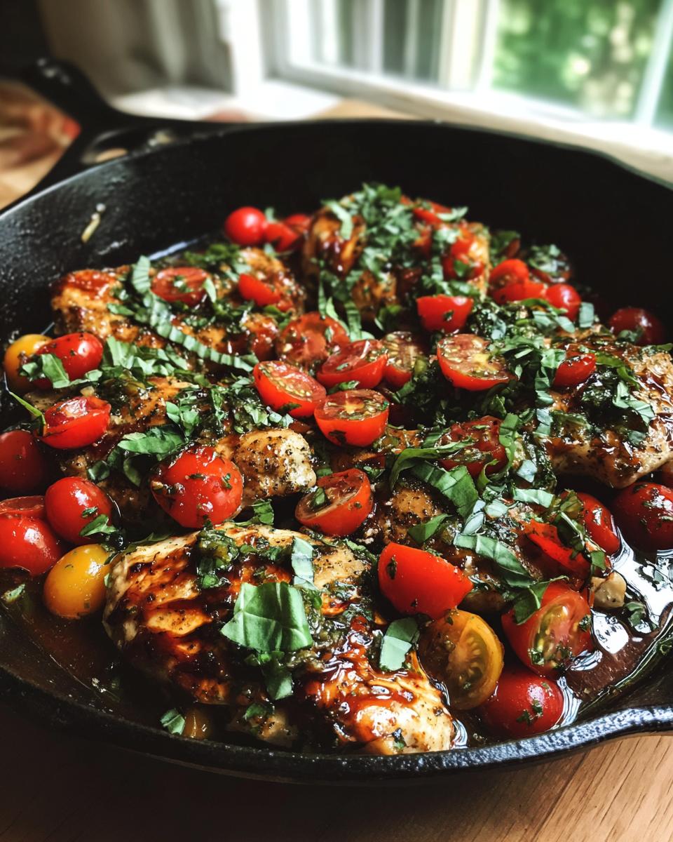Close-up of Bruschetta chicken breasts cooked in a skillet with cherry tomatoes and fresh basil.