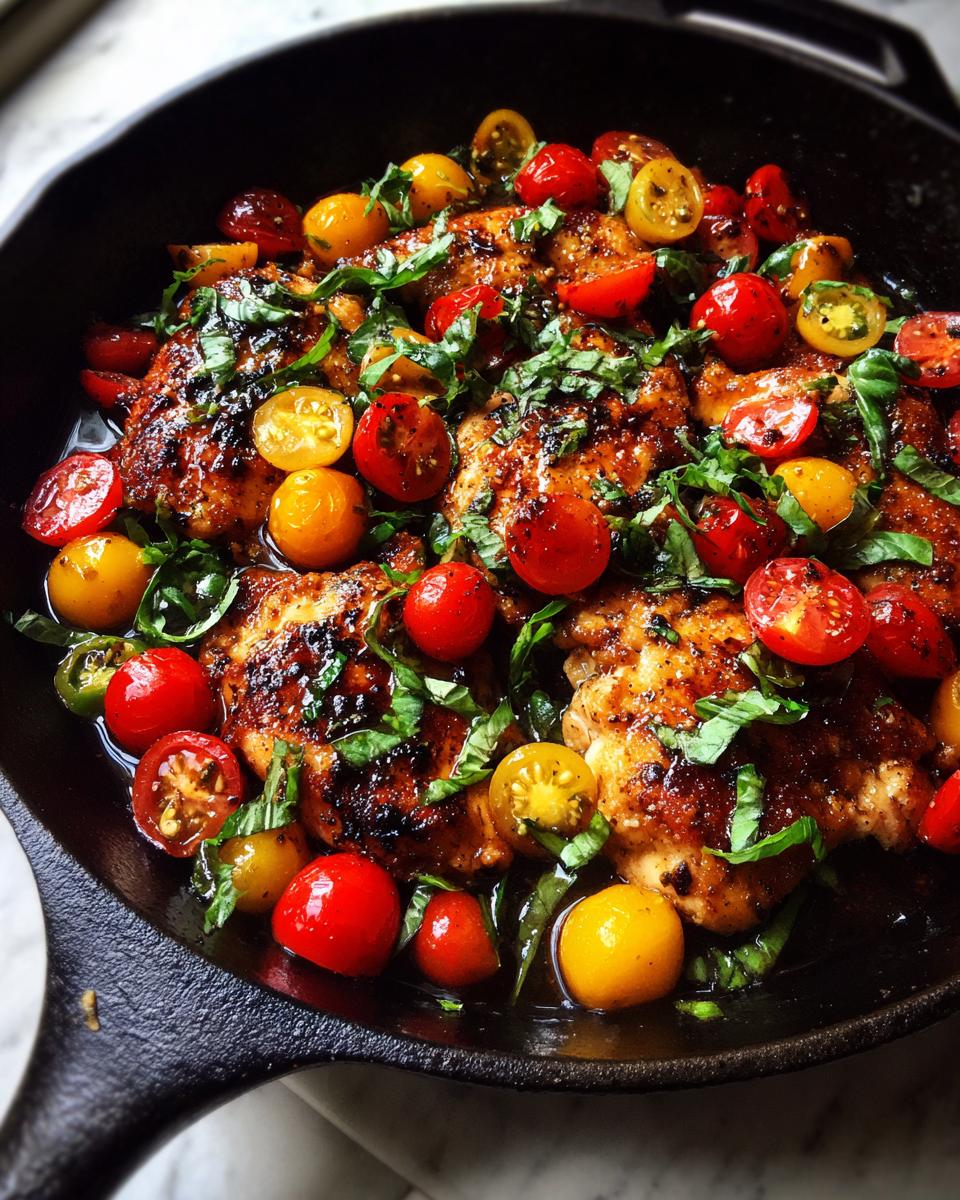 Close-up of Bruschetta chicken in a cast iron skillet, topped with halved cherry tomatoes and fresh basil.