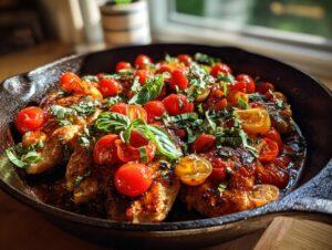 Close-up of skillet bruschetta chicken topped with fresh cherry tomatoes and basil.