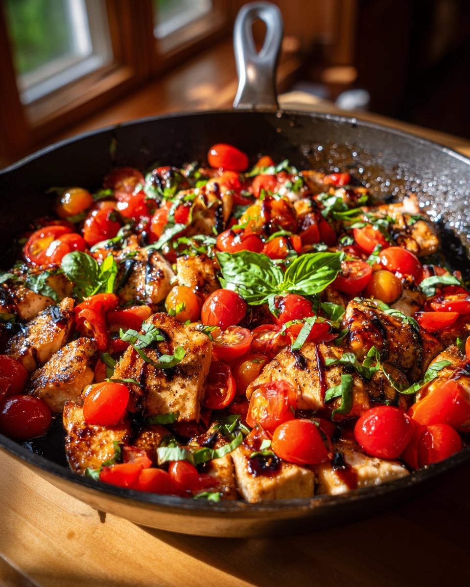A close-up of Bruschetta chicken in a skillet, featuring grilled chicken pieces, cherry tomatoes, and fresh basil.