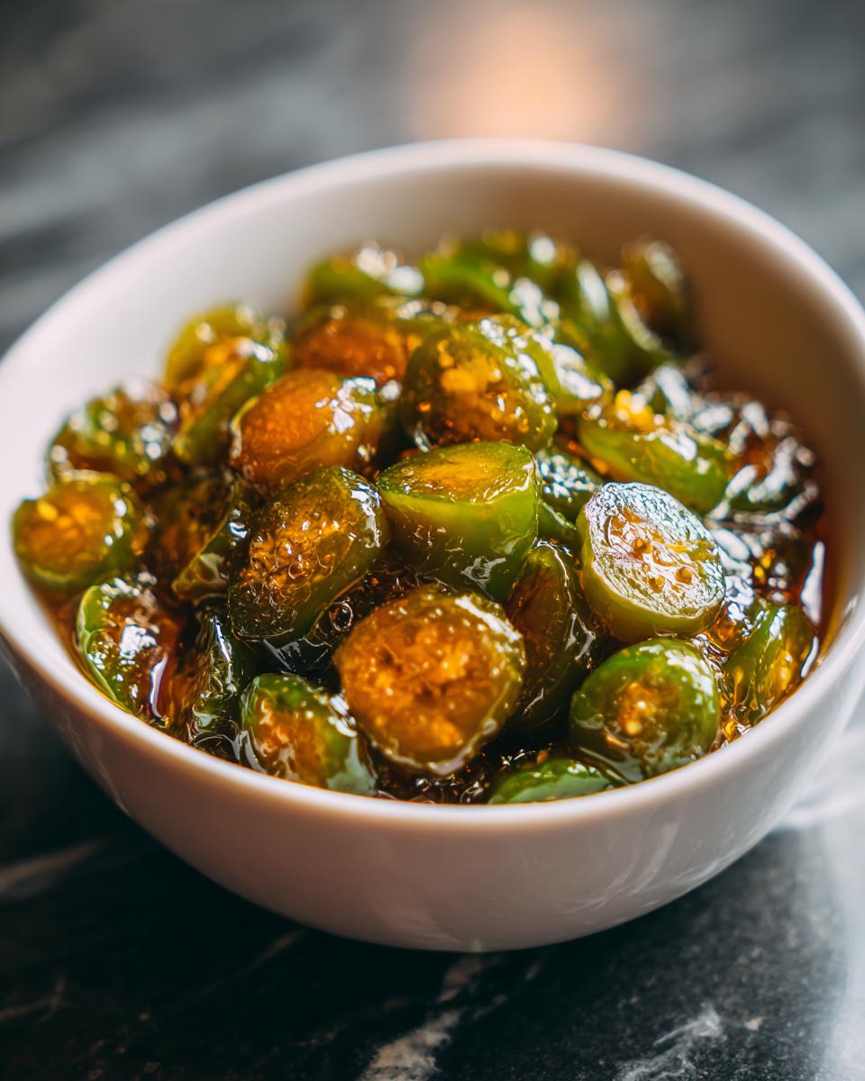 Close-up of a white bowl filled with glistening candied jalapenos, showcasing their sweet and spicy appeal.