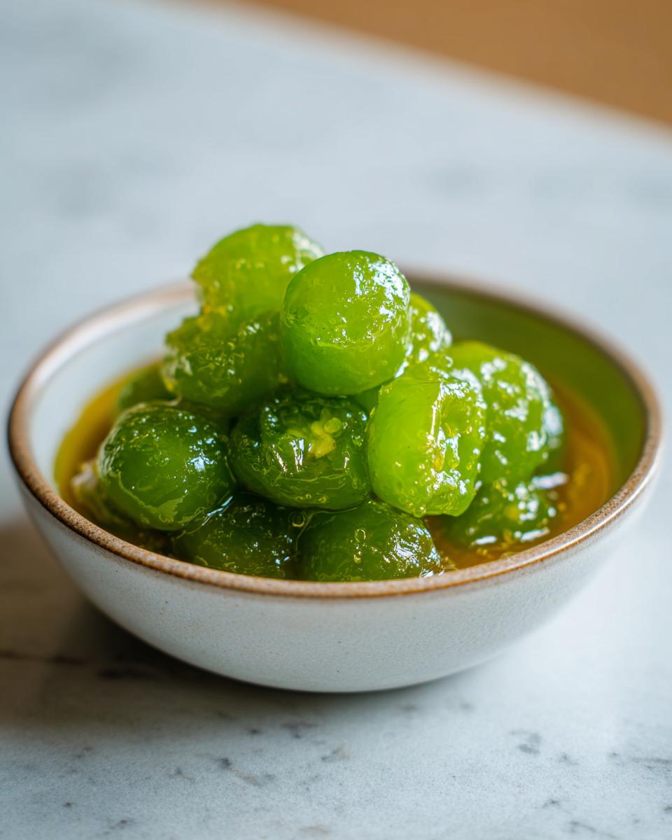 Close-up of a bowl filled with glistening candied jalapenos in a sweet syrup.