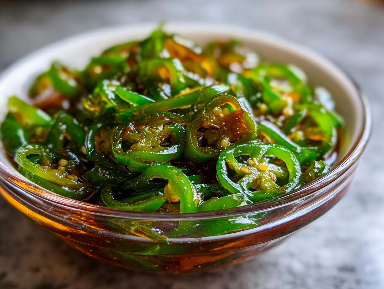 A close-up shot of bright green candied jalapenos glistening in a glass bowl, showcasing their sweet and spicy appeal.