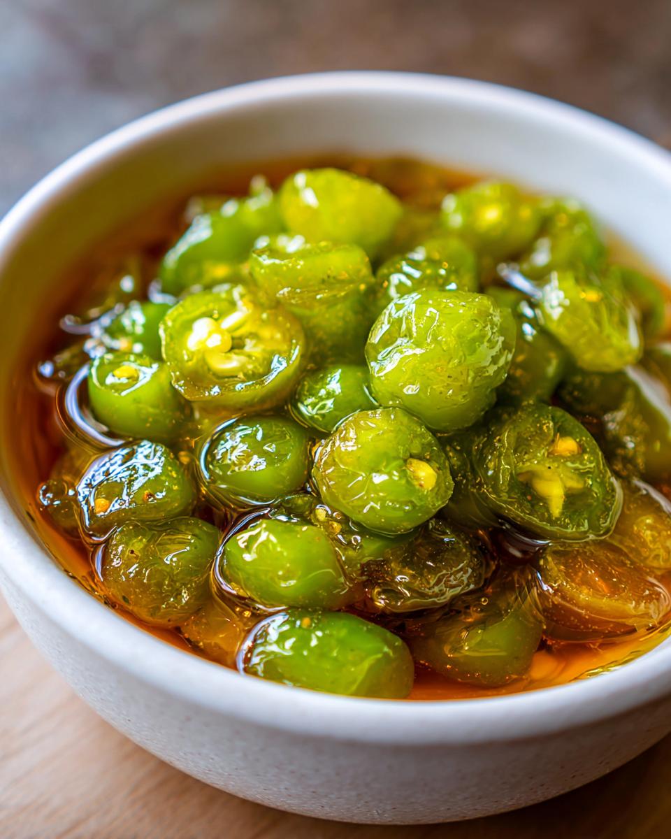 Close-up of bright green candied jalapenos swimming in a sweet, amber syrup in a white bowl.
