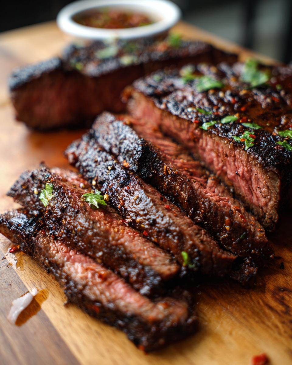 Close-up of perfectly sliced carne asada, marinated and grilled to perfection, garnished with cilantro.