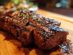 A close-up of a perfectly grilled steak, showcasing the rich brown crust and juicy interior, seasoned with herbs, ready to be sliced.