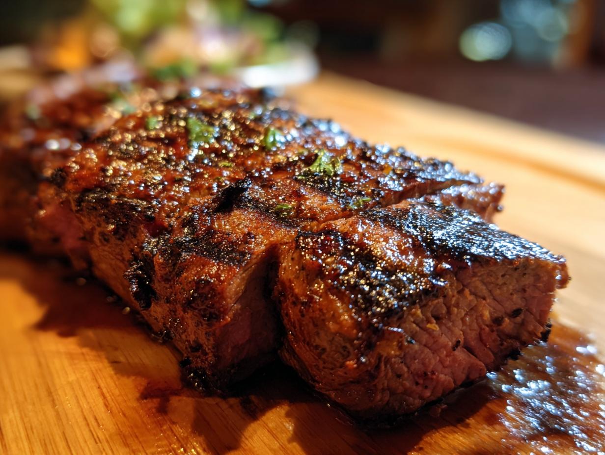A close-up of a perfectly grilled steak, showcasing the rich brown crust and juicy interior, seasoned with herbs, ready to be sliced.