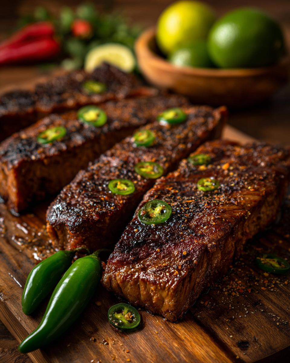 Close-up of grilled steak marinated with carne asada marinade, topped with sliced jalapenos and spices.