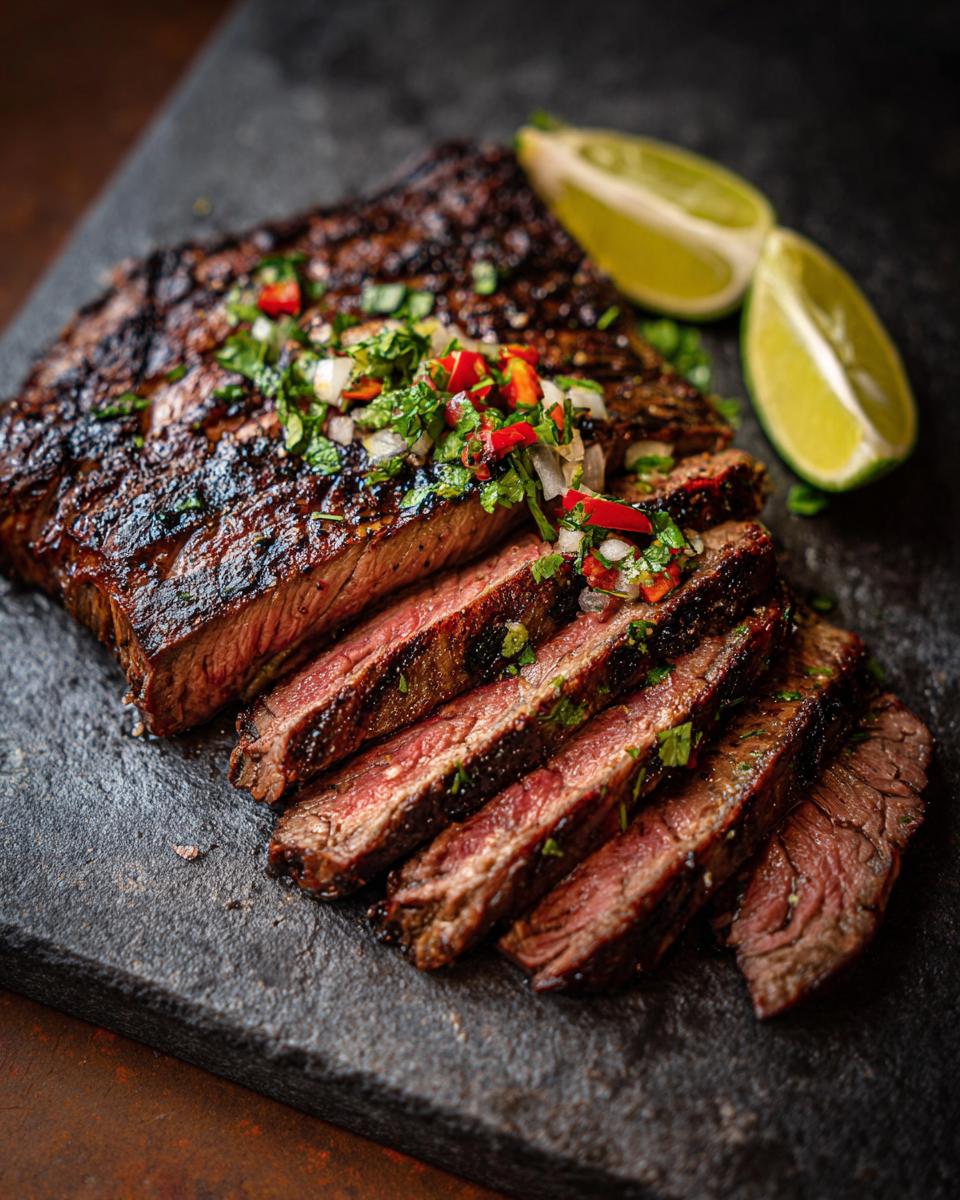 Close-up of sliced carne asada steak, grilled to perfection, topped with fresh salsa and lime wedges.