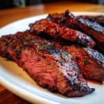 Close-up of perfectly grilled steak slices coated in a rich carne asada marinade, garnished with fresh herbs.