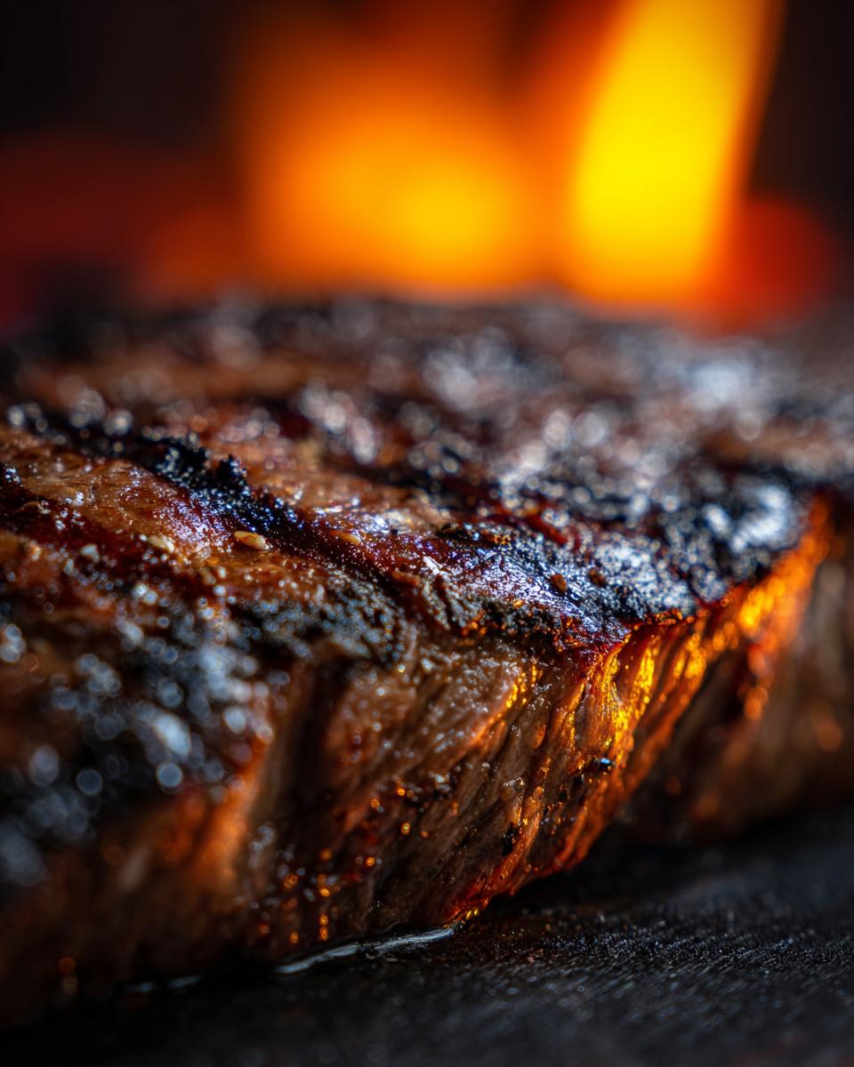 Close-up of a perfectly grilled carne asada steak with char marks and a juicy interior, with flames in the background.