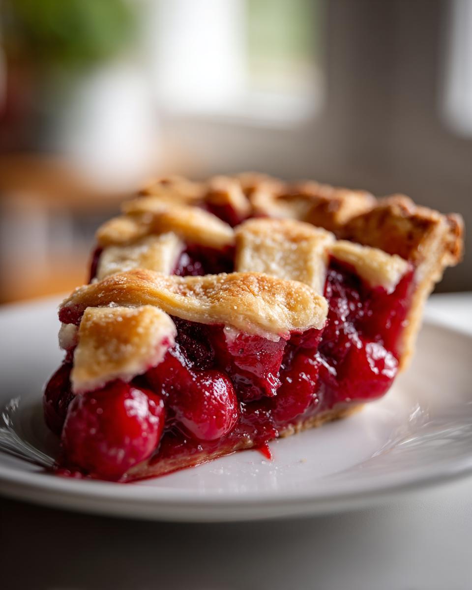 A close-up of a delicious slice of cherry pie with a golden lattice crust, filled with juicy red cherries.