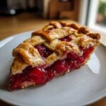 A close-up of a slice of perfect cherry pie with a golden lattice crust and a thick, glistening cherry filling.