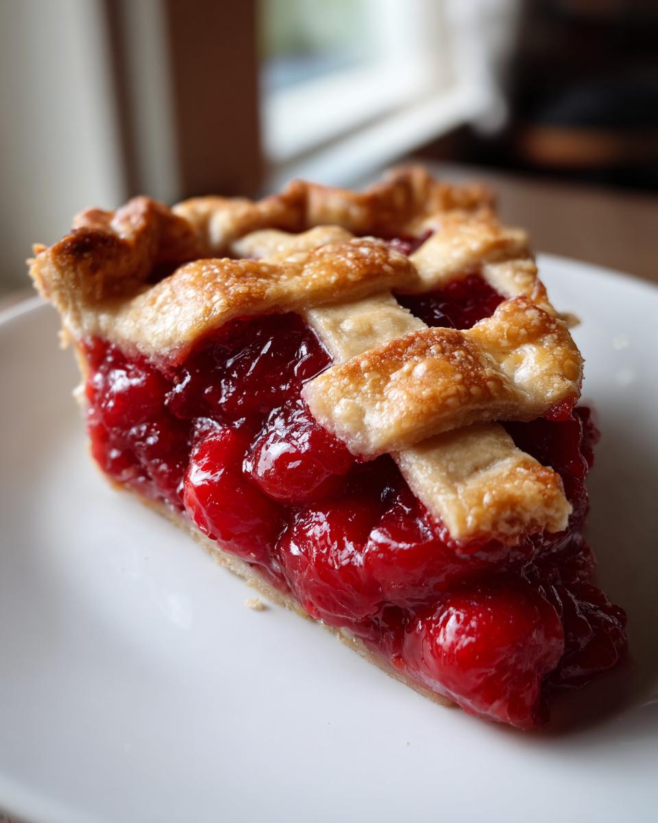 A close-up of a perfect slice of cherry pie, showcasing a thick cherry filling and a golden lattice crust.