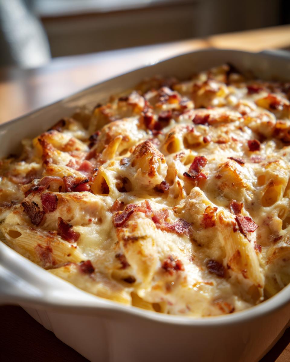 Close-up of a bubbling Chicken Bacon Ranch Casserole in a white baking dish, topped with melted cheese and crispy bacon.