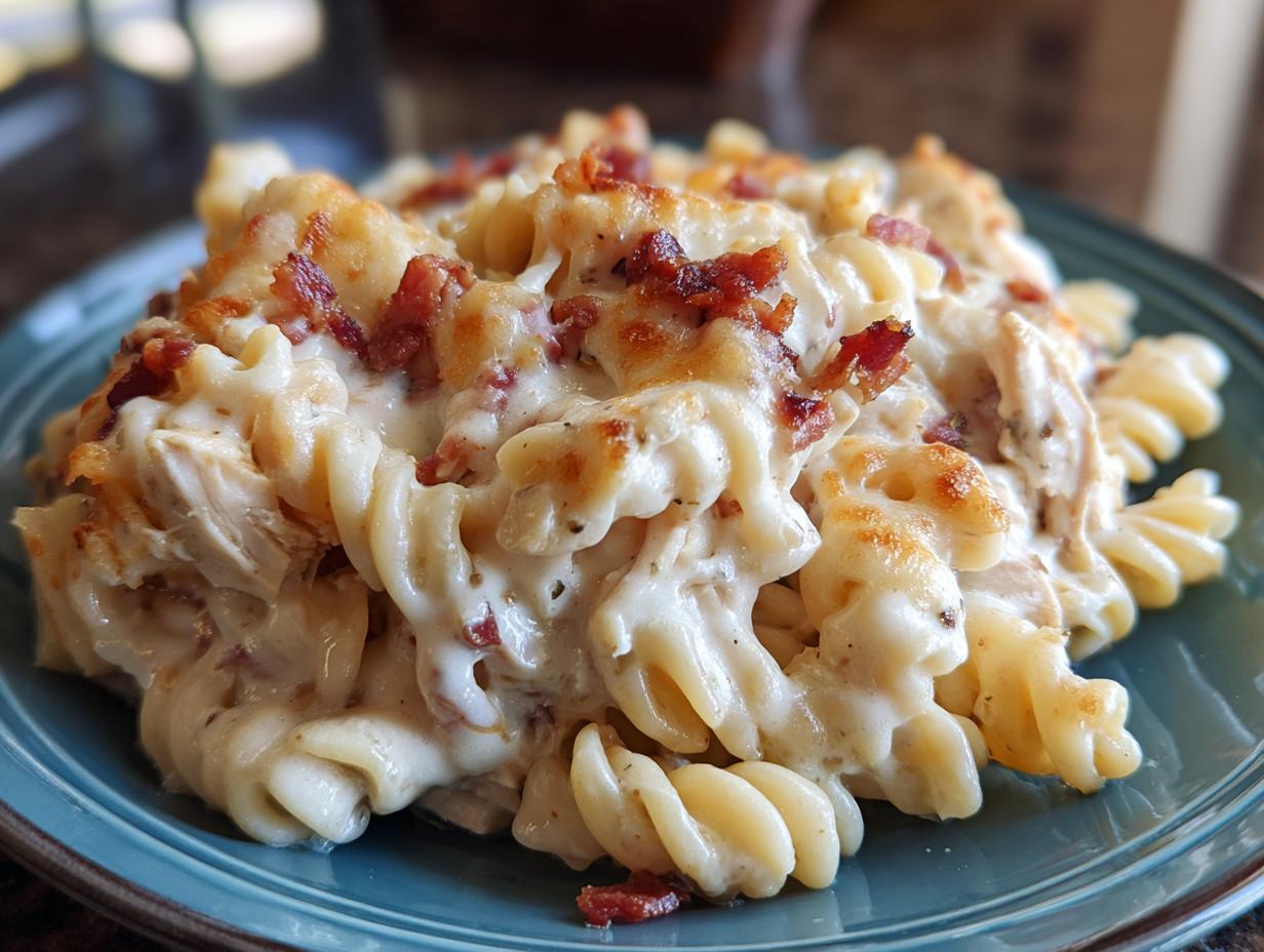 A close-up of a serving of chicken bacon ranch casserole featuring rotini pasta, creamy sauce, shredded chicken, and crispy bacon bits.