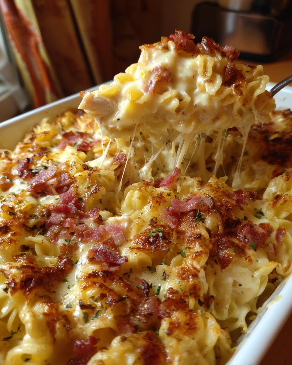Close-up of a serving spoon lifting a cheesy portion of chicken bacon ranch casserole, with melted cheese strings.
