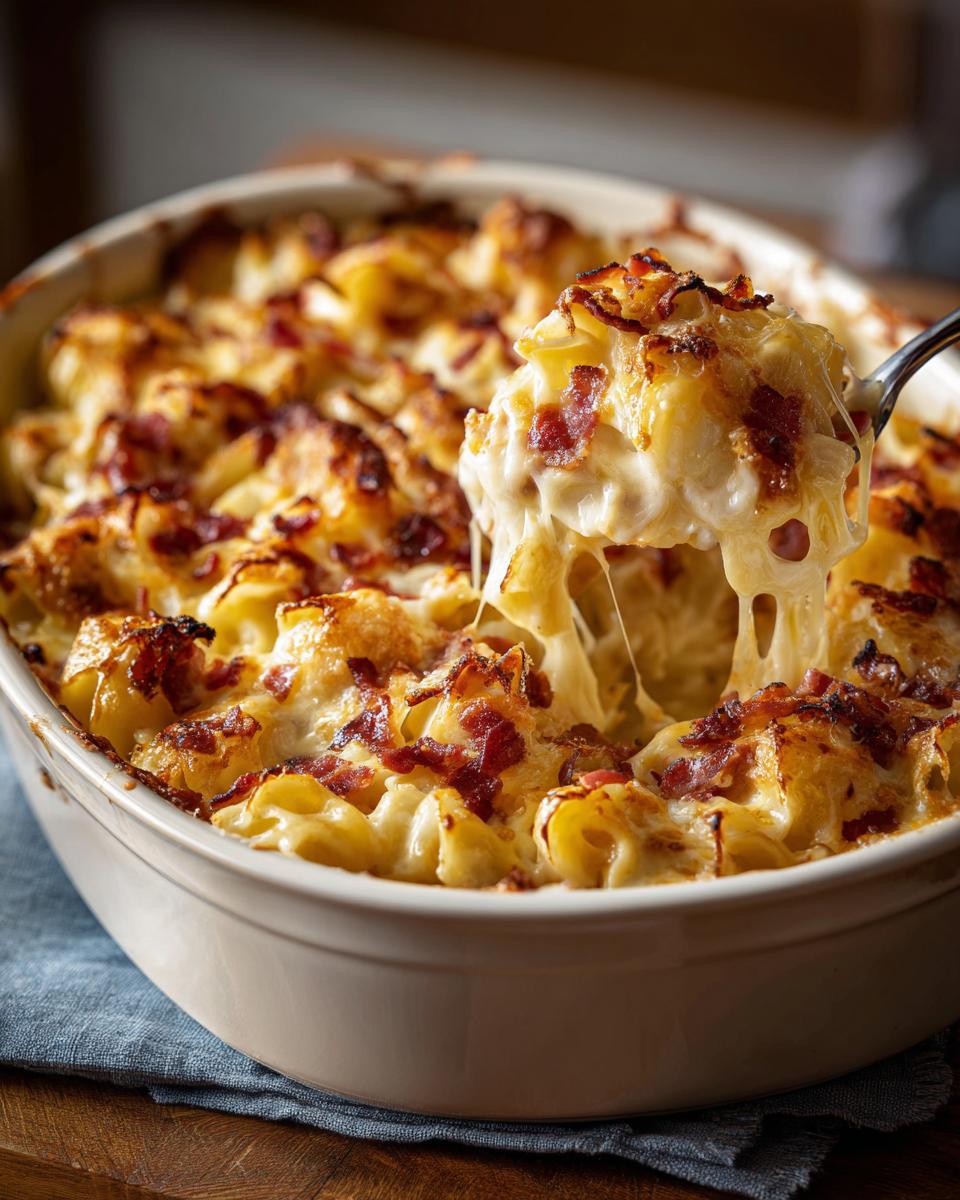 A spoonful lifting cheesy Chicken Bacon Ranch Casserole from a baking dish, showing melted cheese and crispy bacon.