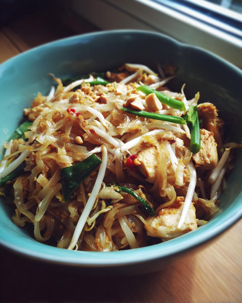 A close-up of a bowl filled with Chicken Pad Thai, featuring rice noodles, chicken pieces, bean sprouts, peanuts, and green onions.