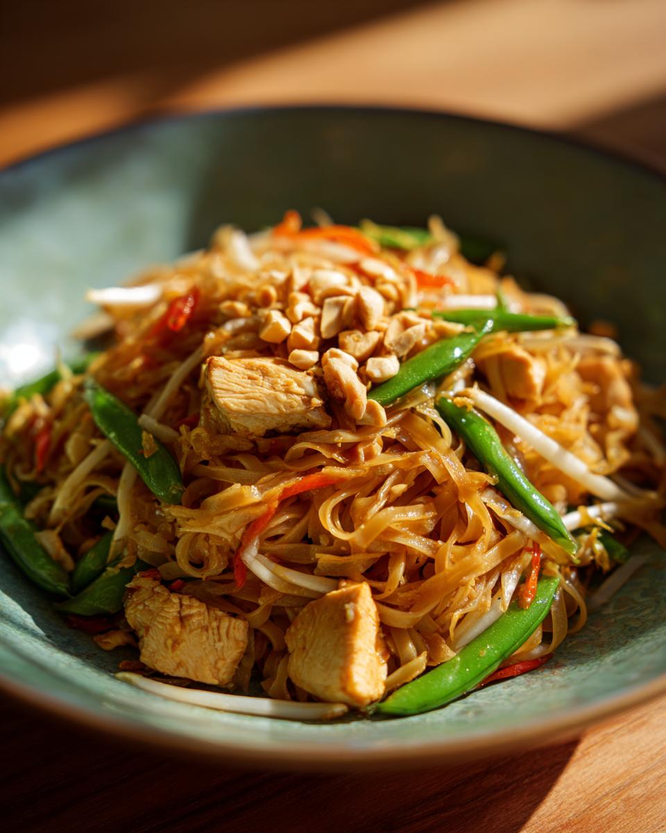 A close-up of a vibrant bowl of Chicken Pad Thai, featuring noodles, chicken pieces, snow peas, bean sprouts, and crushed peanuts.