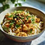 A close-up of a bowl of Chicken Pad Thai, featuring rice noodles, tender chicken pieces, bean sprouts, chopped peanuts, and fresh cilantro.