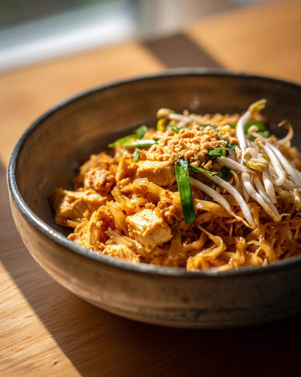 A close-up of a bowl of Chicken Pad Thai, featuring noodles, chicken, bean sprouts, peanuts, and green onions.