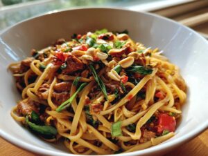 A close-up of a white bowl filled with Chicken Pad Thai, featuring rice noodles, chicken pieces, peanuts, and green onions.