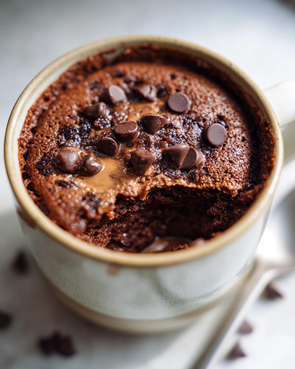 A close-up of a chocolate protein mug cake topped with chocolate chips and a gooey center.