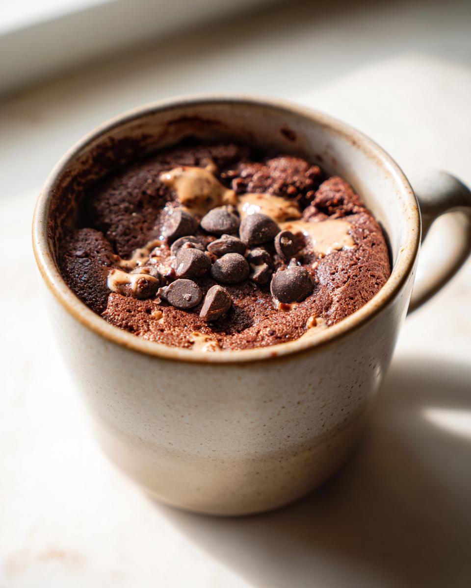 Close-up of a rich chocolate protein mug cake topped with chocolate chips and peanut butter.