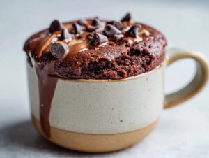 A close-up of a chocolate protein mug cake topped with chocolate chips and drizzled with chocolate sauce.