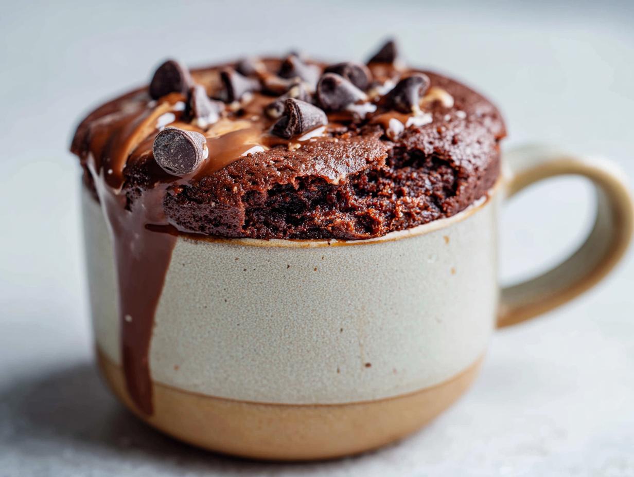 A close-up of a chocolate protein mug cake topped with chocolate chips and drizzled with chocolate sauce.