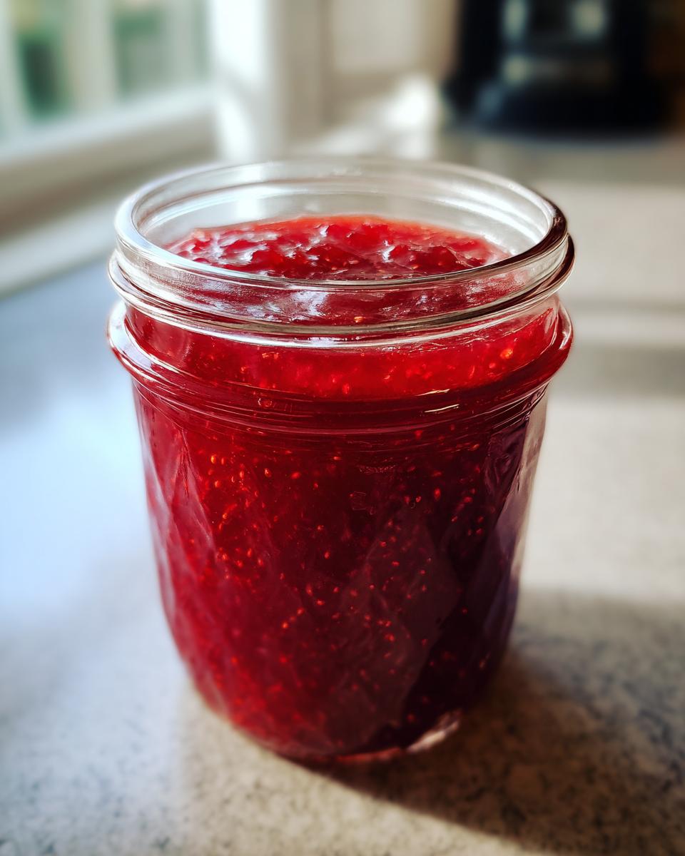A close-up of a glass jar filled with glistening, homemade Christmas jam.
