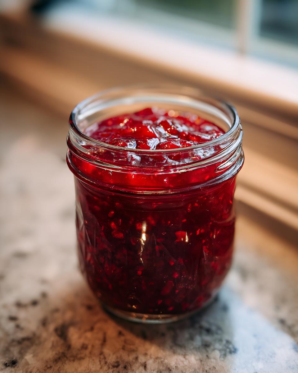 Close-up of a glass jar filled with vibrant red Christmas jam, showcasing the texture of the fruit.