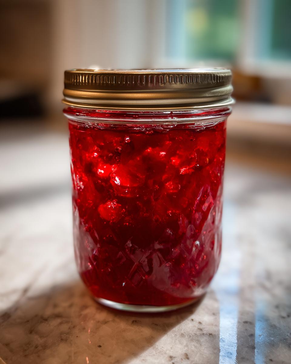 A close-up of a jar filled with vibrant red Christmas jam, ready for holiday gifting.