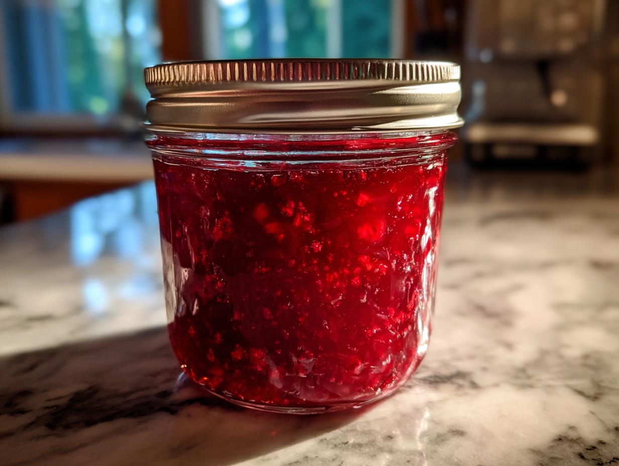 A close-up of a jar filled with glistening, homemade Christmas jam, showcasing its vibrant red color and fruit pieces.