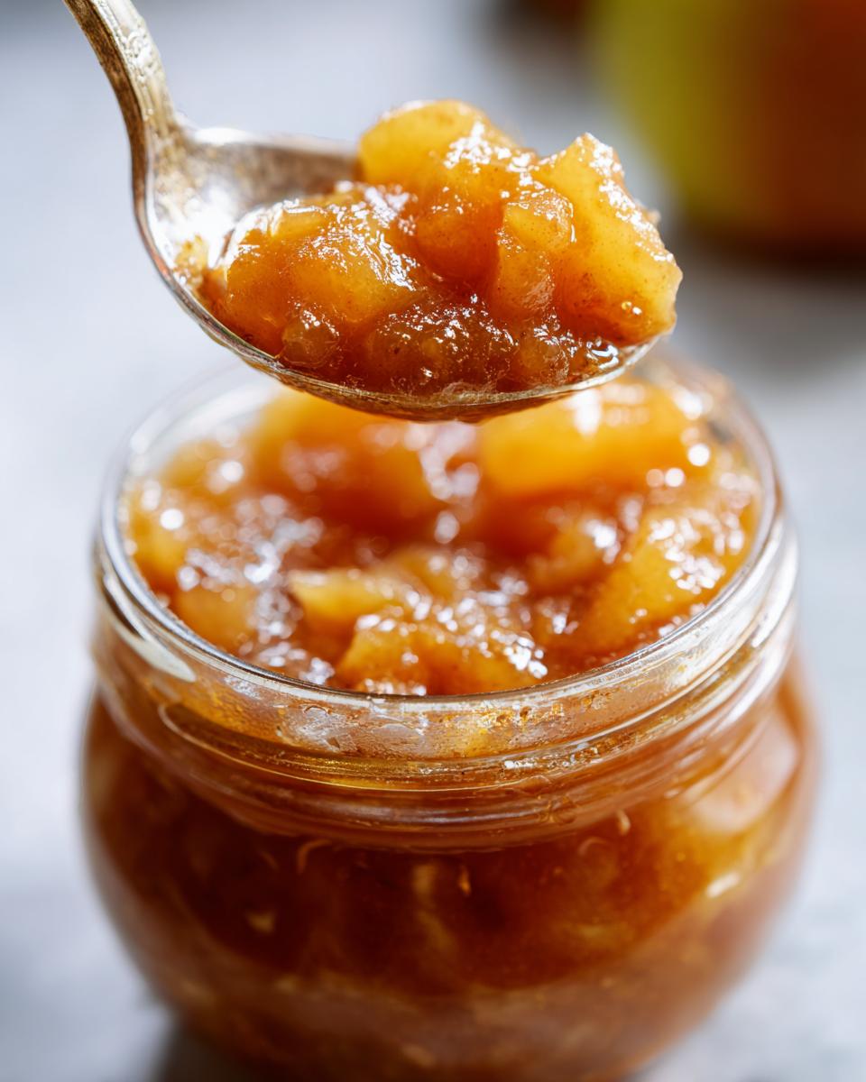Close-up of a spoon lifting chunky pear preserves from a glass jar, showing texture and spice.