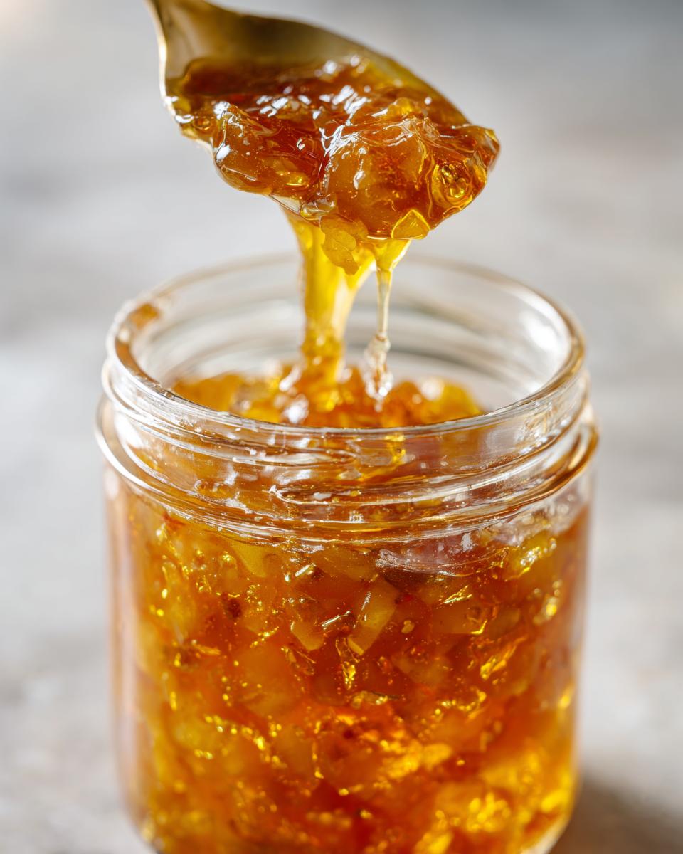 Close-up of chunky pear preserves being scooped from a jar with a spoon, showing the glistening texture.