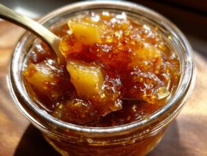 Close-up of chunky pear preserves in a glass jar with a spoon scooping some out.