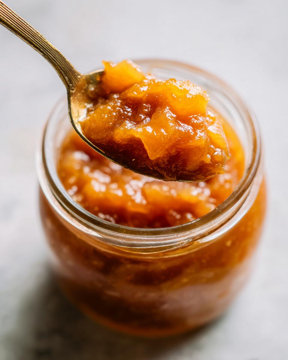 A golden spoon lifts a generous portion of chunky pear preserves from a glass jar.