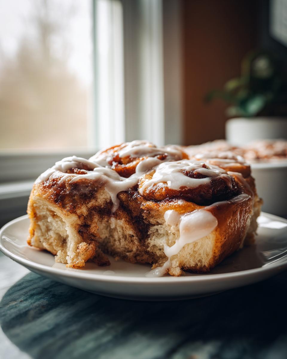 A close-up of a delicious cinnamon roll casserole, drizzled with white icing, on a white plate.